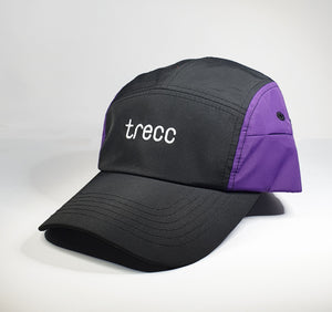 DomePeak's trek range. Introducing our activewear, fully waterproof, comes with a small, zip pocket on the side for the convenience of our active customers. Front of the cap, purple and black 5 panel. This piece s the bent peak.