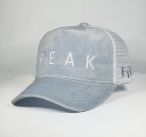 DomePeak Headwear baseball cap. Blue suede trucker. Supported with a snapback to fit all sizes. Front angle of the cap.