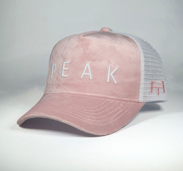 DomePeak Headwear pink suede baseball cap. Supported with a snapback to fit all sizes. Front angle of the cap.