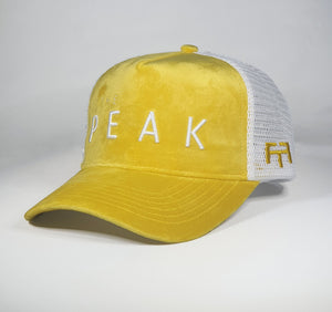 DomePeak Headwear yellow suede baseball cap. Supported with a snapback to fit all sizes. Front angle of the cap.