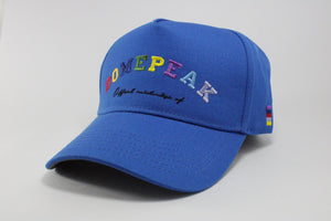 DomePeak Headwear blue technicolour, strapback, baseball cap. Supported with a snapback to fit all sizes. Front angle of the cap.