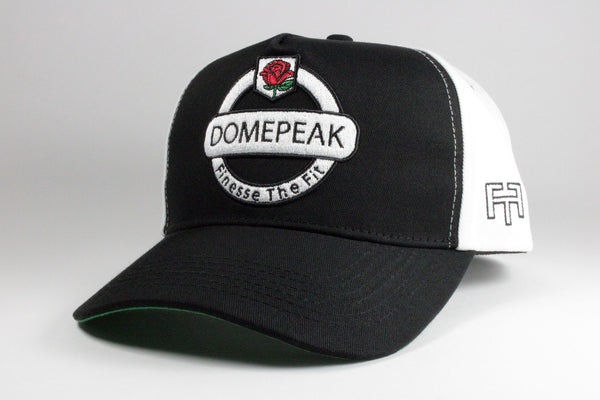 DomePeak Headwear baseball cap. Supported with a snapback to fit all sizes. Front angle of the cap.