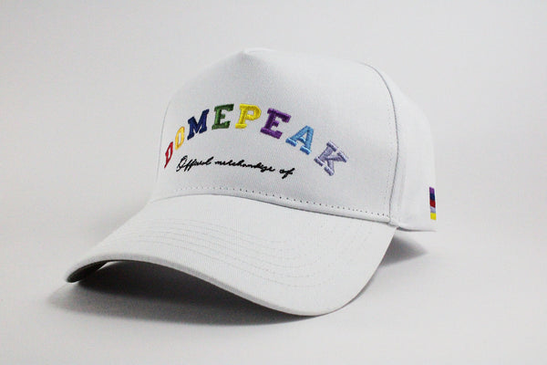 DomePeak Headwear White technicolour, strapback,  baseball cap. Supported with a snapback to fit all sizes. Front angle of the cap.