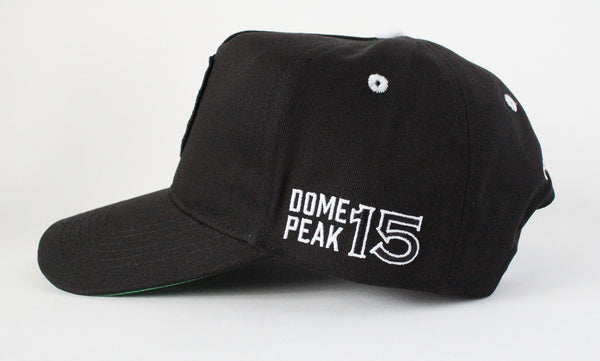 DomePeak Headwear baseball cap. Supported with a snapback to fit all sizes. Side angle of the cap.