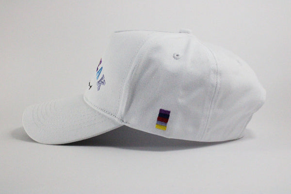 DomePeak Headwear White technicolour, strapback,  baseball cap. Supported with a snapback to fit all sizes. Side angle of the cap.