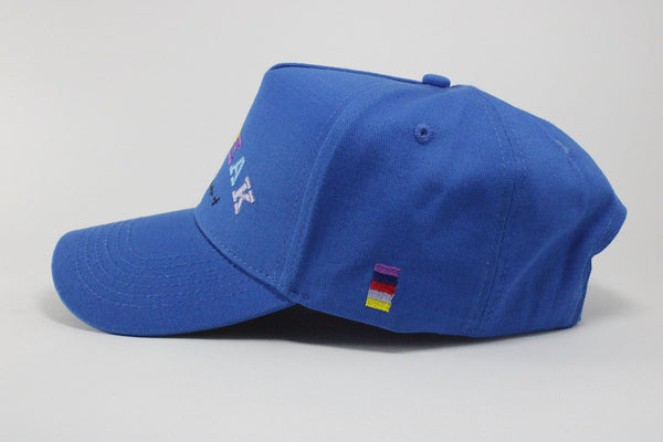 DomePeak Headwear Blue technicolour, strap back,  baseball cap. Supported with a snapback to fit all sizes. Side angle of the cap.