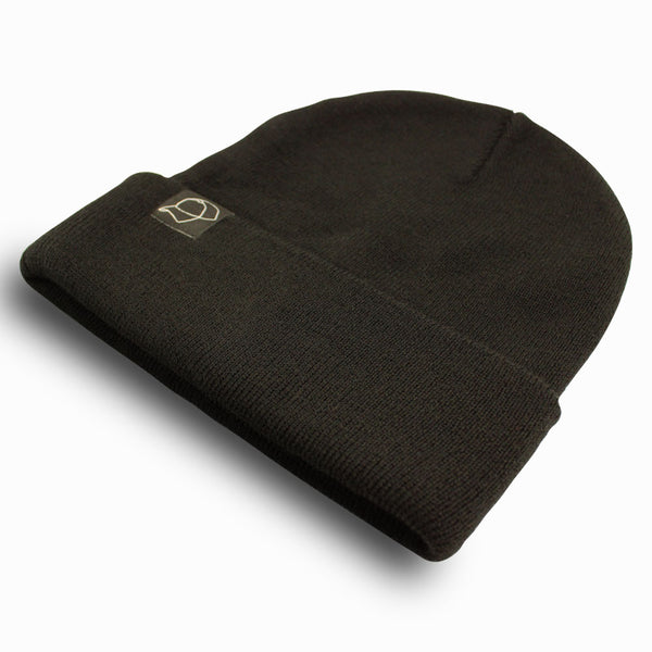 DomePeak Bold, black on black beanie cap. 100% acrylic beanie. Winter wear. Rear angle of the cap.